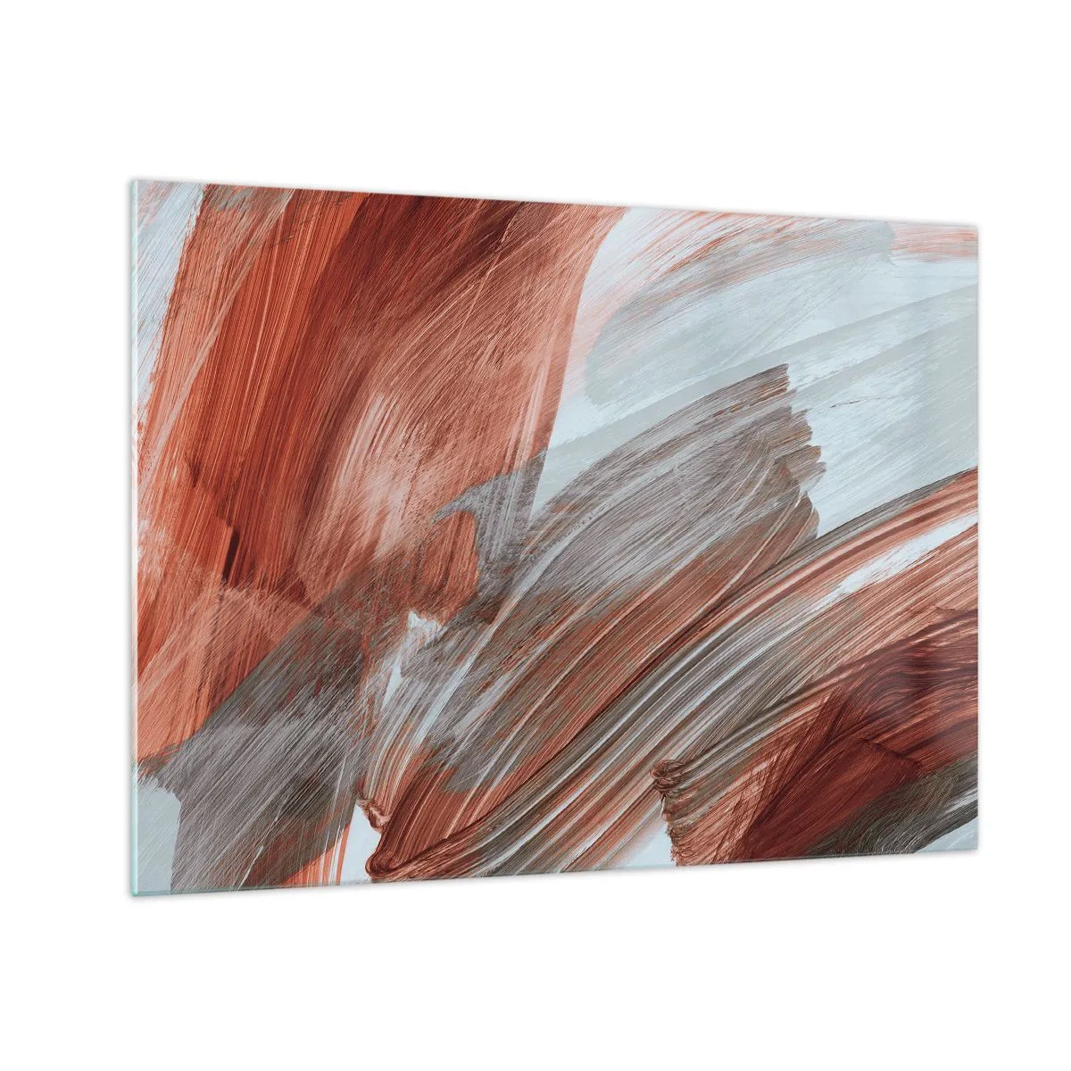 Obraz na skle - Dynamické tahy štětcem v teplých podzimních barvách a chladných odstínech modré. - 70x50cm - Podzimní větrná abstrakce - Moderní nástěnná dekorace do obývacího pokoje a ložnice ARTTOR