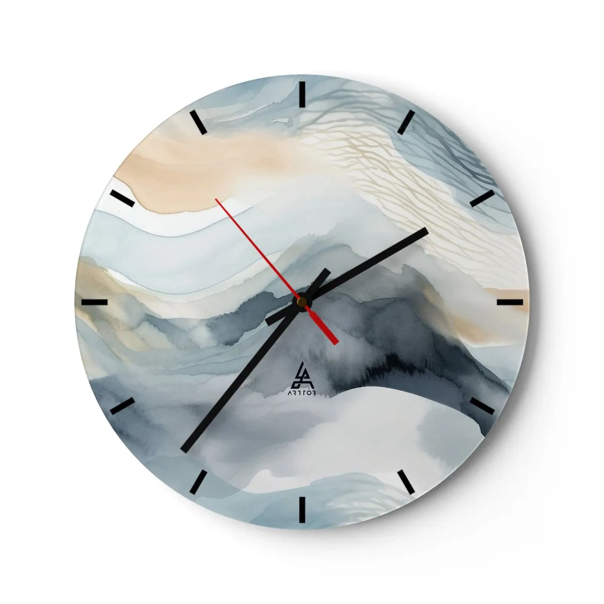Nástěnné hodiny - Abstraktní krajina v odstínech modré a béžové - 30x30cm - Abstrakce sněhu a mlhy - Moderní nástěnná dekorace do obývacího pokoje, kuchyně a ložnice ARTTOR