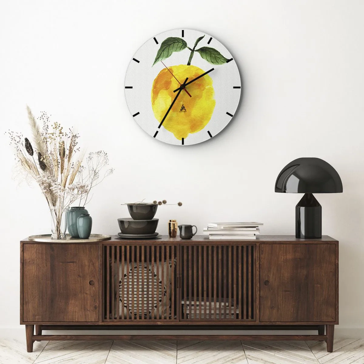 Nástěnné hodiny - Žlutý citron se zelenými listy ve stylu akvarelu - 30x30cm - Jak poznat chuť slunce - Moderní nástěnná dekorace do obývacího pokoje, kuchyně a ložnice ARTTOR