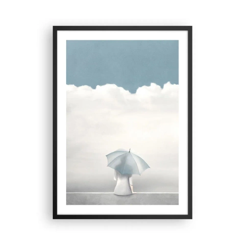 Plakát v černém rámu - Postava s deštníkem sedící na římse mezi mraky - 50x70cm - Na hraně reality a snů - Moderní nástěnná dekorace do obývacího pokoje a ložnice ARTTOR