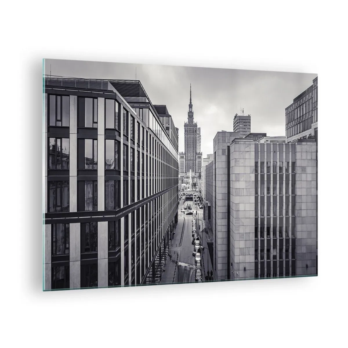 Obraz na skle - Černobílý pohled na město s mrakodrapy a ulicí - 70x50cm - Varšavské údolí - Moderní nástěnná dekorace do obývacího pokoje a ložnice ARTTOR