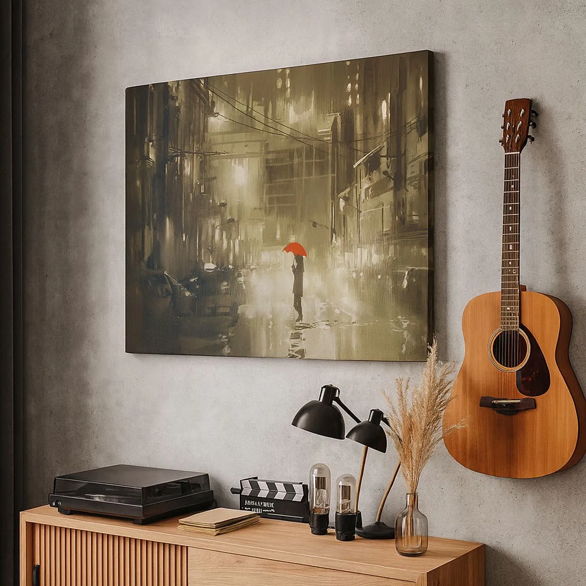 Obraz na plátně - Postava s červeným deštníkem v deštivém městě - 70x50cm - Sama, ale ne osamělá - Moderní nástěnná dekorace do obývacího pokoje a ložnice ARTTOR