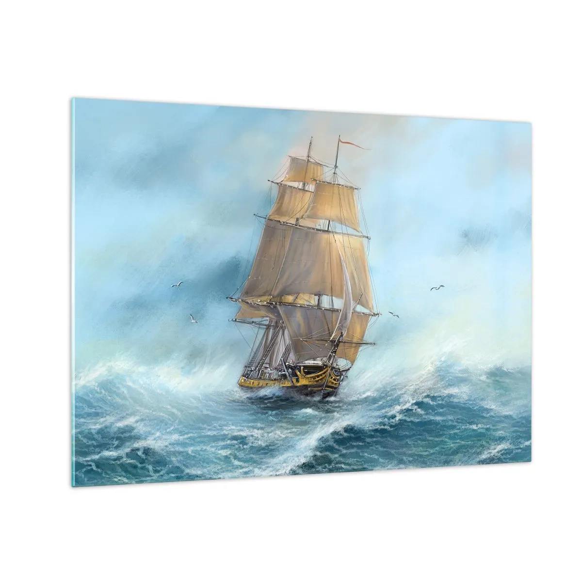Obraz na skle - Plachetnice na rozbouřeném moři v malířském stylu - 70x50cm - Běžící po vlnách - Moderní nástěnná dekorace do obývacího pokoje a ložnice ARTTOR