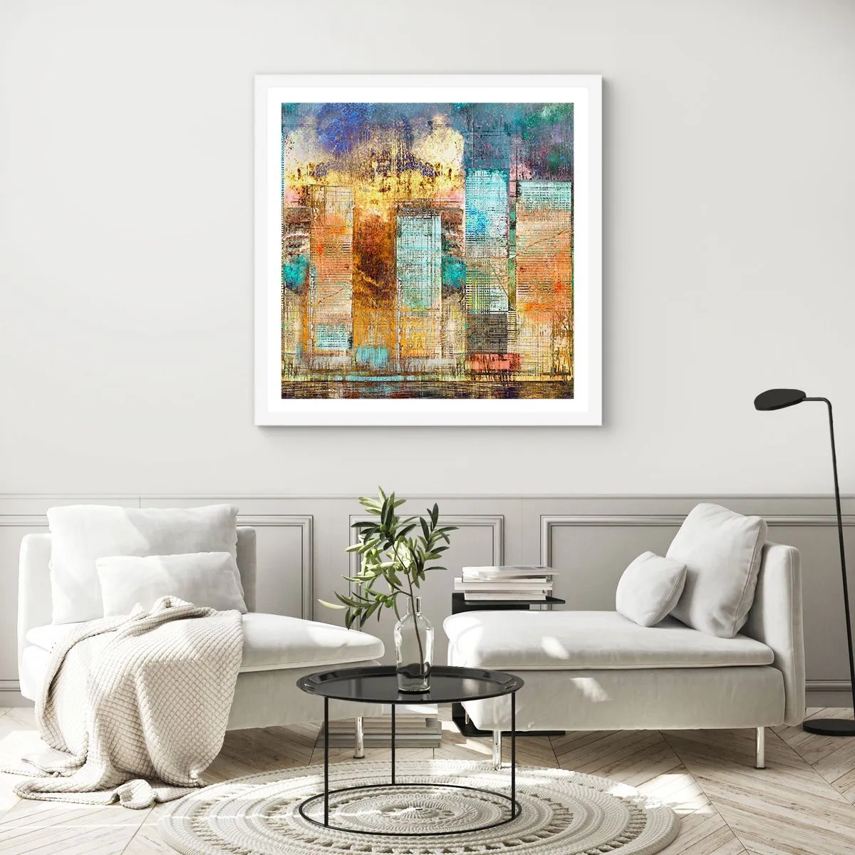 Plakát v bílém rámu - Prosluněná metropole - 60x60 cm