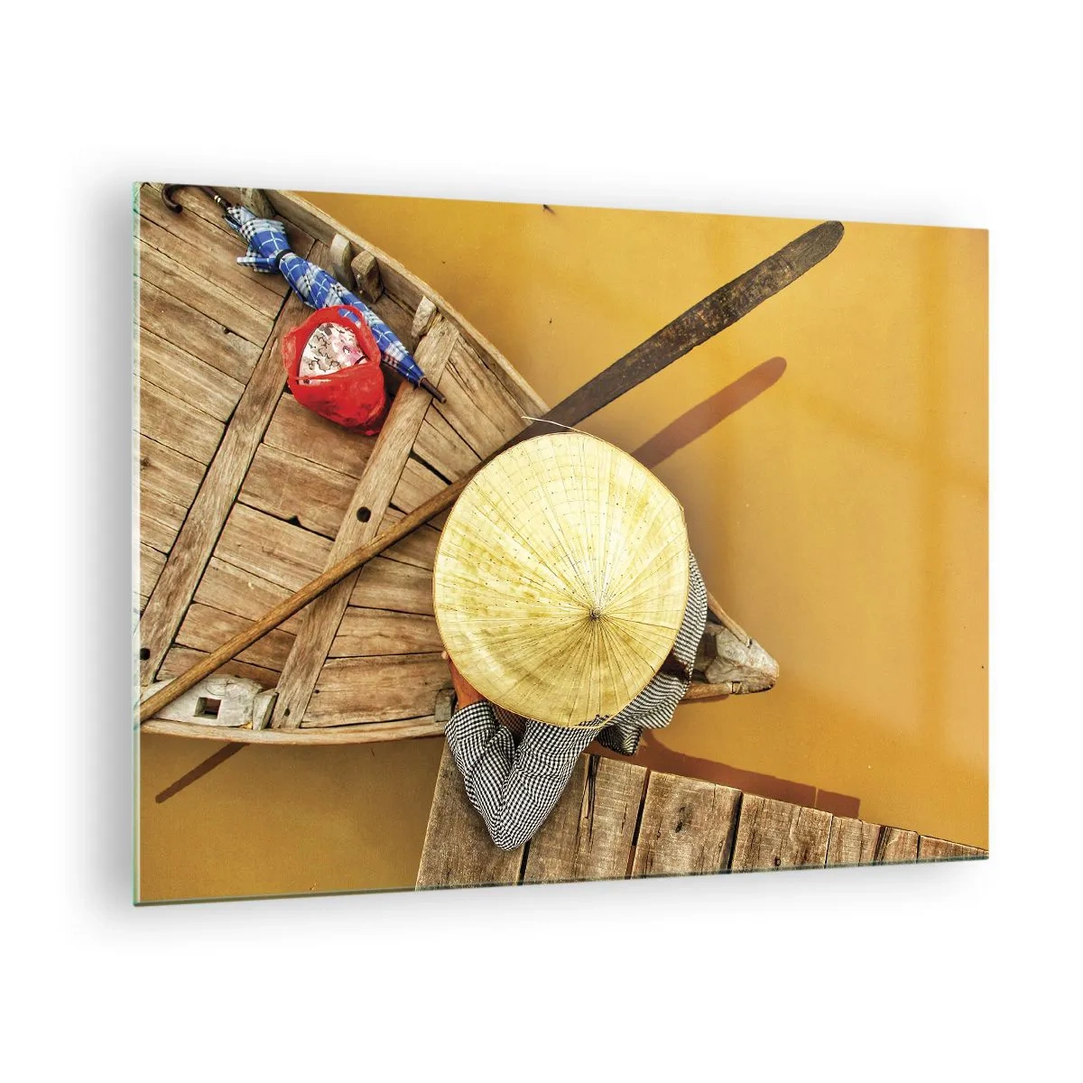 Obraz na skle - Pohled shora na loď a osobu s kuželovitým kloboukem - 70x50cm - Život na žluté řece - Moderní nástěnná dekorace do obývacího pokoje a ložnice ARTTOR