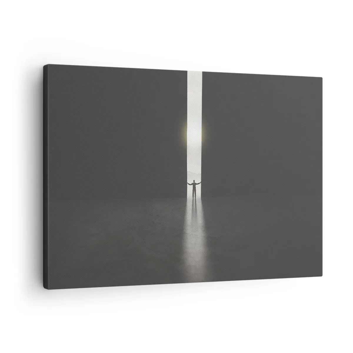 Obraz na plátně - Muž stojící ve světle úzké štěrbiny v tmavém prostoru - 70x50cm - Krok ke světlé budoucnosti - Moderní nástěnná dekorace do obývacího pokoje a ložnice ARTTOR