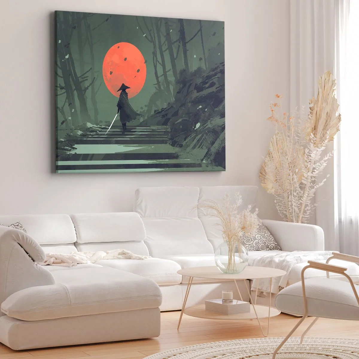 Obraz na plátně - Osamělý bojovník s mečem na pozadí rudého měsíce v temném lese. - 70x50cm - Bojovník červeného měsíce - Moderní nástěnná dekorace do obývacího pokoje a ložnice ARTTOR