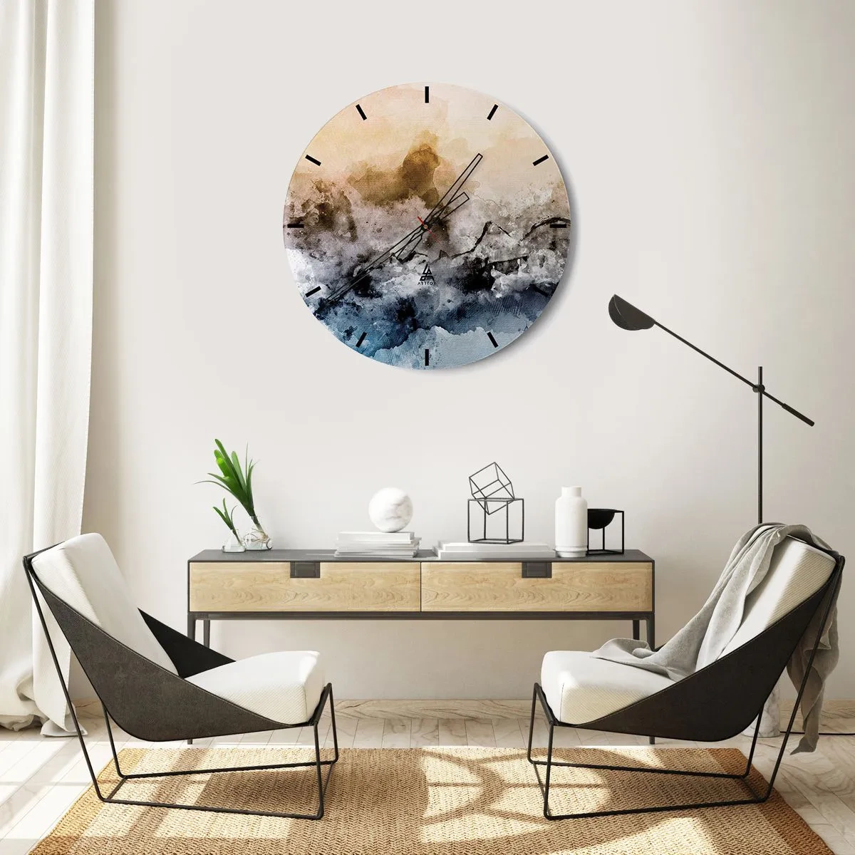 Nástěnné hodiny - Abstraktní krajina v odstínech mlhy, hnědé a modré. - 30x30cm - Ponořené do mračna mlhy - Moderní nástěnná dekorace do obývacího pokoje, kuchyně a ložnice ARTTOR