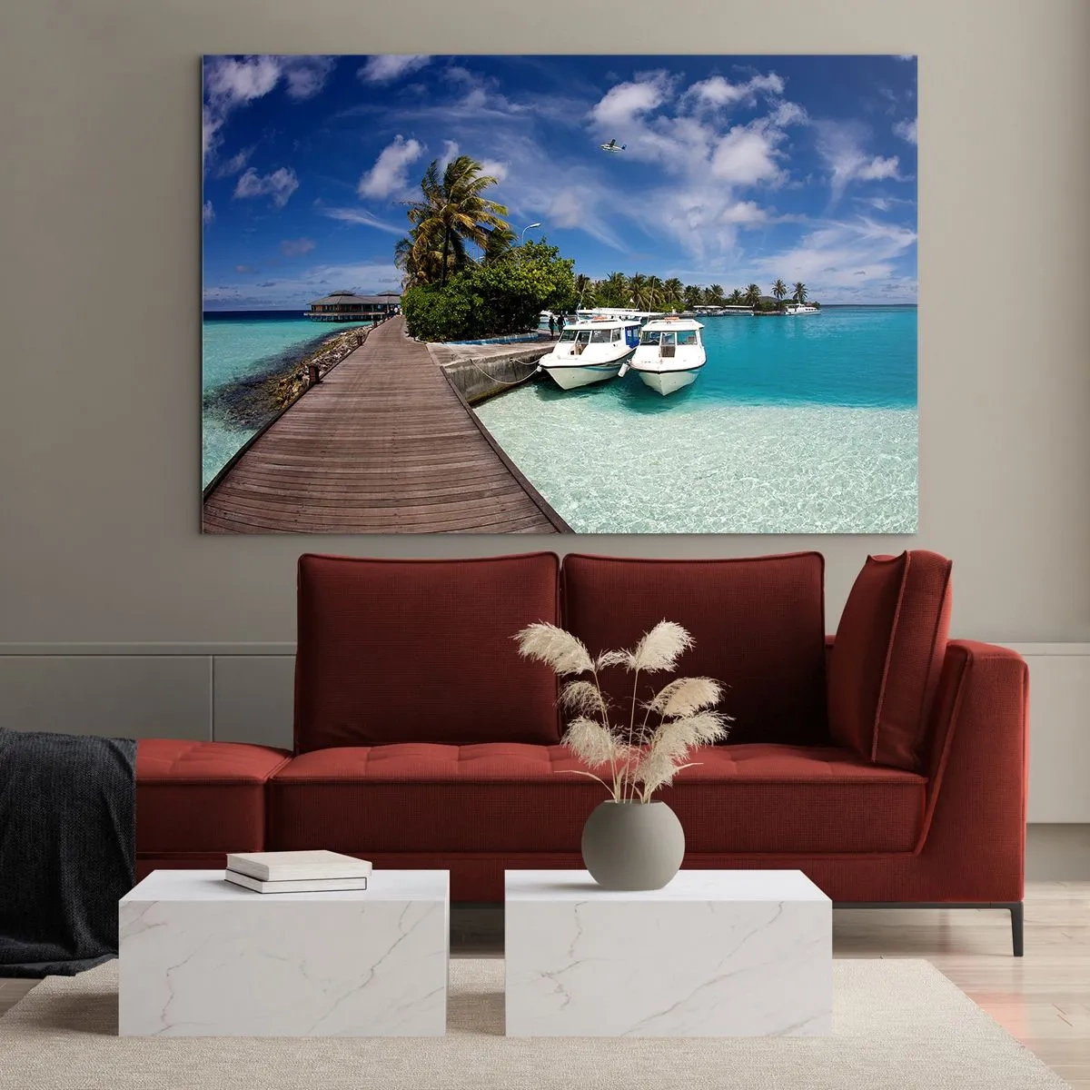 Obraz na skle - Exotické molo, lodě a tyrkysová voda - 70x50cm - A přece ráj existuje - Moderní nástěnná dekorace do obývacího pokoje a ložnice ARTTOR