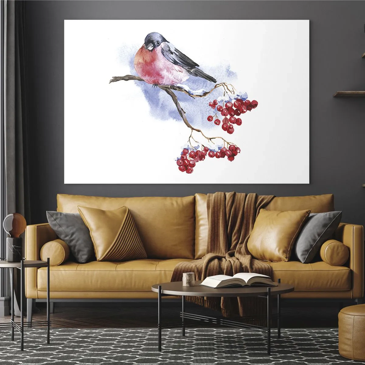 Obraz na skle - Pták na větvi jeřábu - 70x50cm - Barevná zima - Moderní nástěnná dekorace do obývacího pokoje a ložnice ARTTOR
