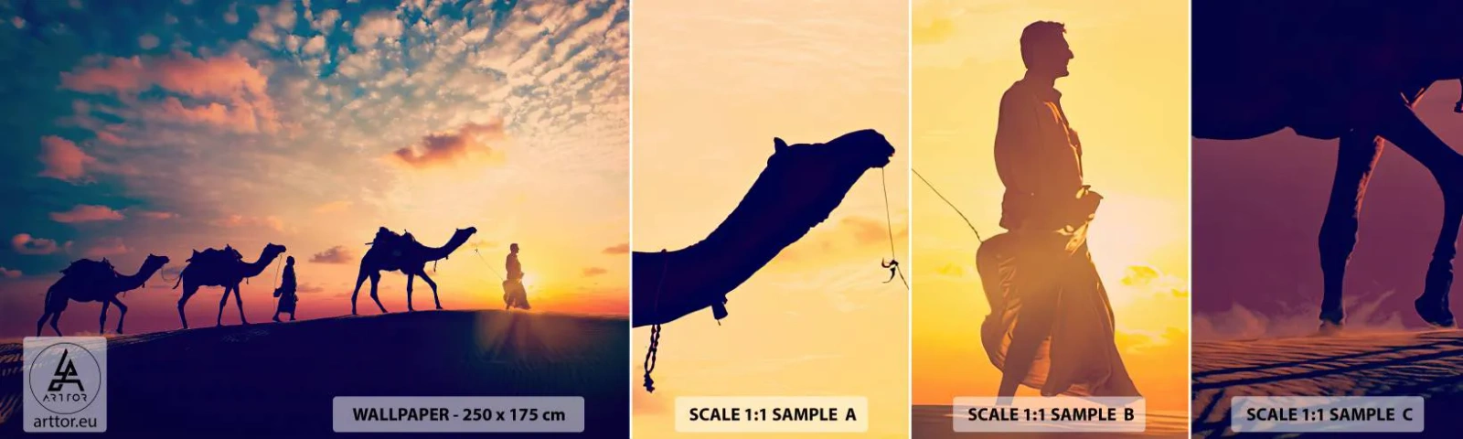 Vzor Fototapety Samolepicí Deluxe Sticker - Tajemný duch orientu - Krajina, Poušť, Velbloud - 100x30 cm