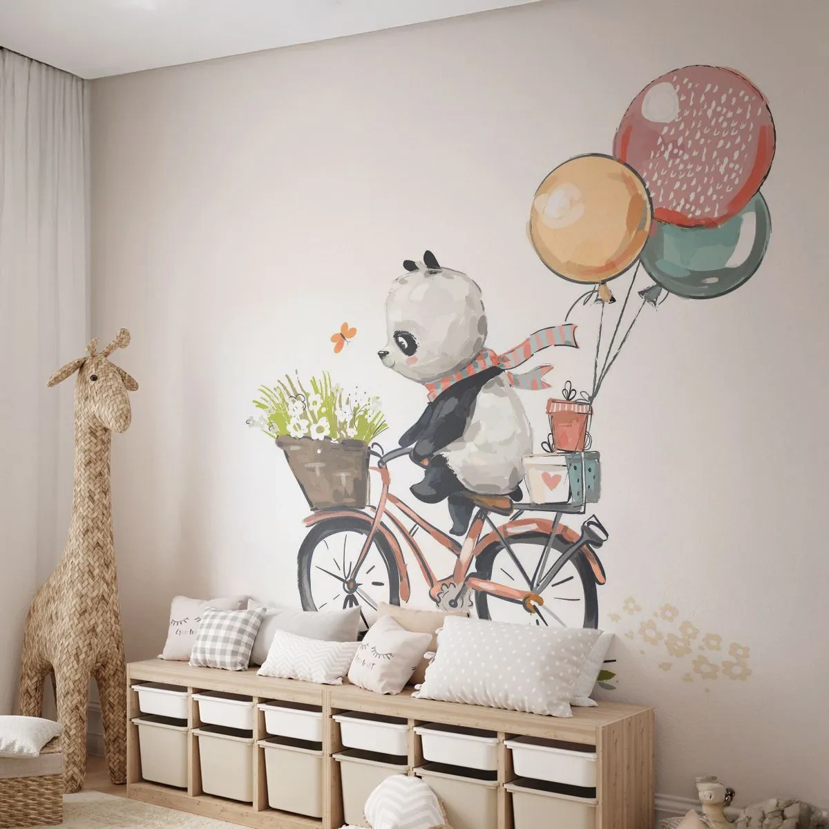 Fototapeta Premium Canvas - Šťastný den - Pro děti, Panda Na Kole, Abstrakce - 250x175 cm