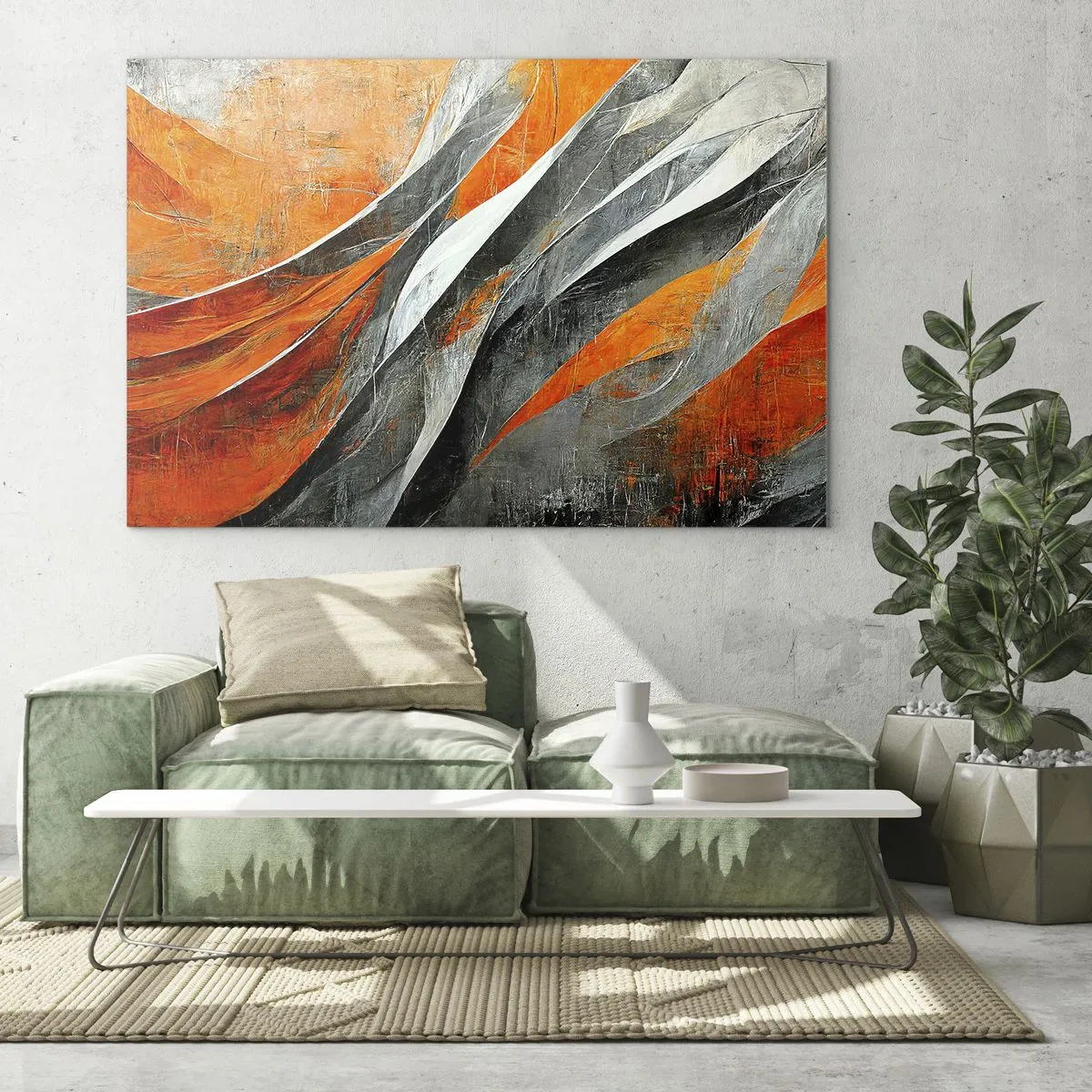 Obraz na skle - Abstraktní pruhy v odstínech oranžové a šedé - 70x50cm - Žár a chlad - Moderní nástěnná dekorace do obývacího pokoje a ložnice ARTTOR