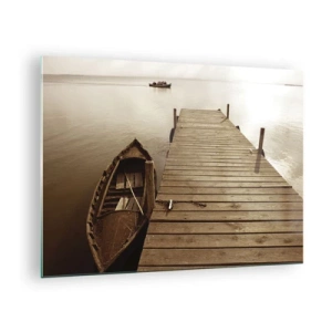 Obraz na skle - Loď na molu na klidném jezeře v sépiové barvě - 70x50cm - Velký klid - Moderní nástěnná dekorace do obývacího pokoje a ložnice ARTTOR