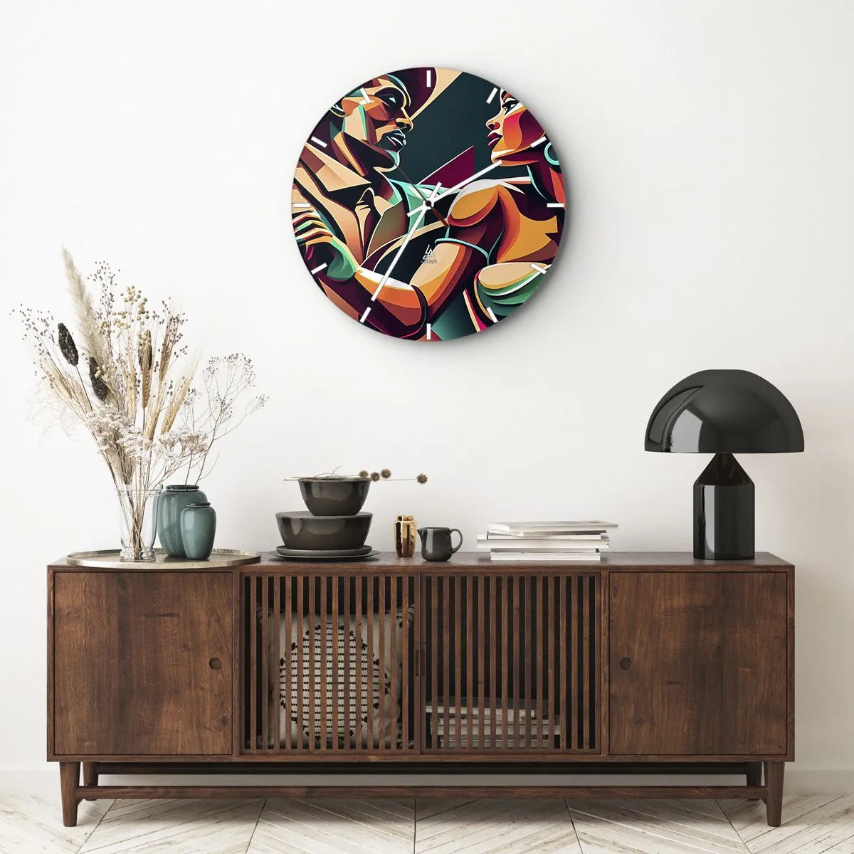 Nástěnné hodiny - Stylizovaný taneční pár zobrazený v intenzivních barvách. - 30x30cm - V rytmu srdce - Moderní nástěnná dekorace do obývacího pokoje, kuchyně a ložnice ARTTOR
