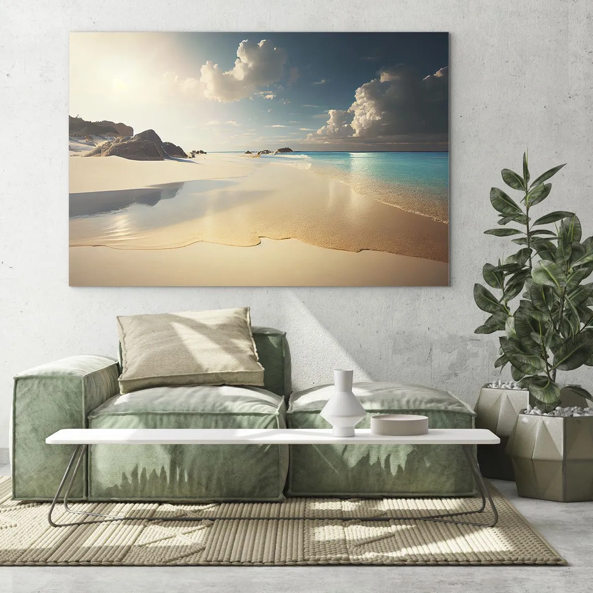 Obraz na skle - Zlatá pláž a tyrkysové moře ve světle ranního slunce - 70x50cm - Vysněný den - Moderní nástěnná dekorace do obývacího pokoje a ložnice ARTTOR