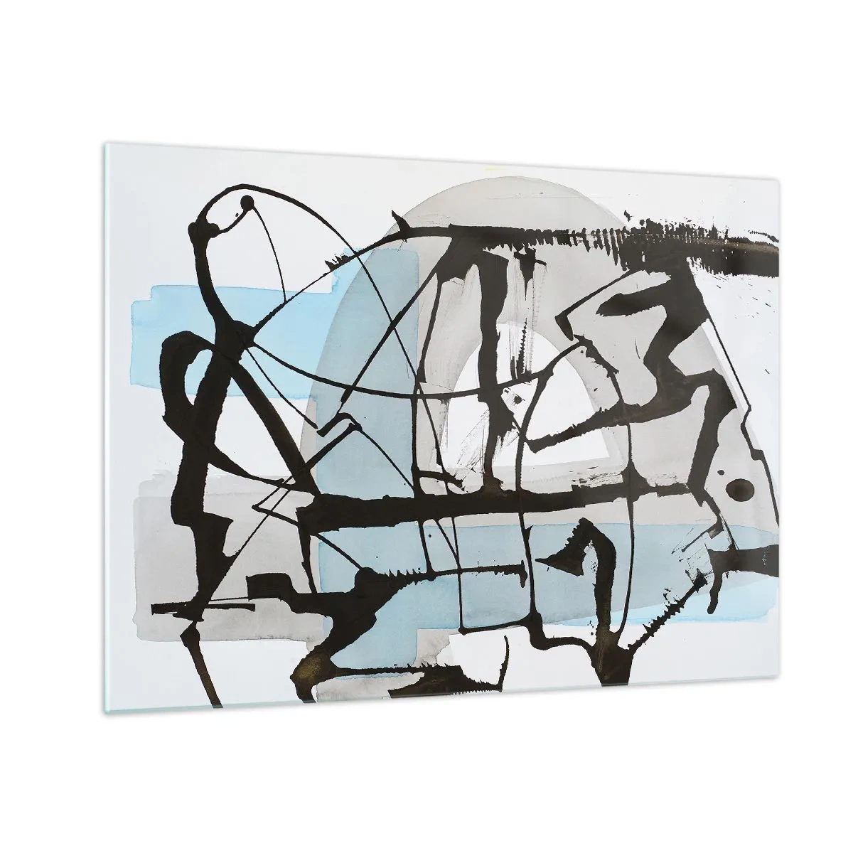 Obraz na skle - Abstraktní kompozice s černou skicou a modrými skvrnami - 70x50cm - Přesto modrá - Moderní nástěnná dekorace do obývacího pokoje a ložnice ARTTOR