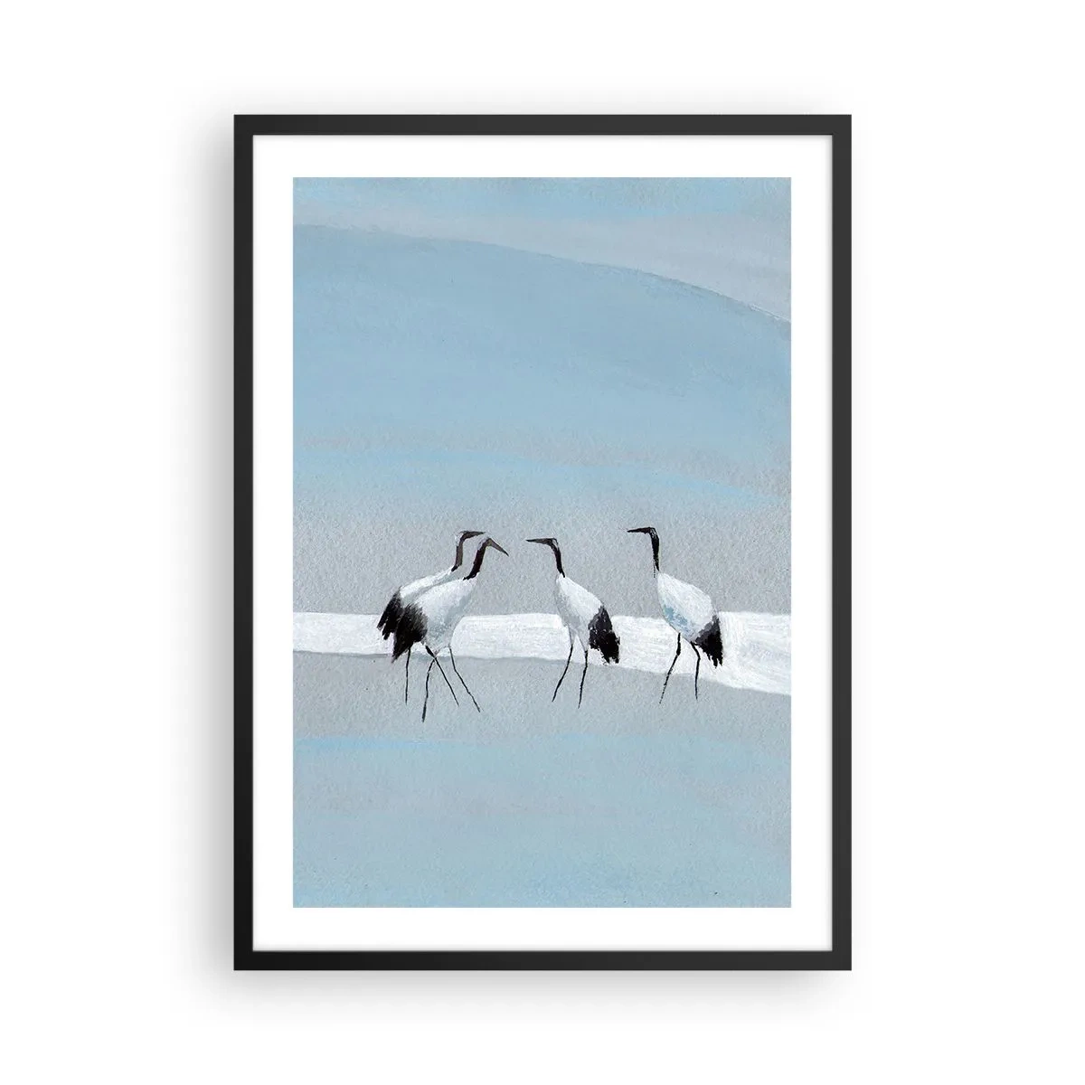 Plakát v černém rámu - Minimalistická ilustrace jeřábů na pastelovém pozadí. - 50x70cm - Po horkém dni - Moderní nástěnná dekorace do obývacího pokoje a ložnice ARTTOR