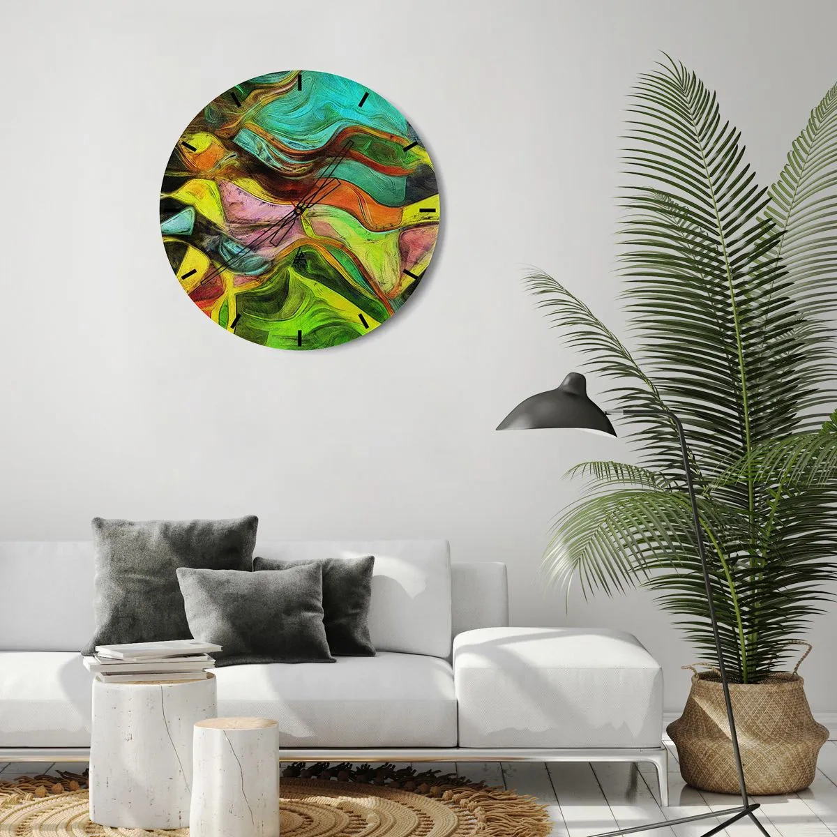 Nástěnné hodiny - Barevná abstrakce s dynamickými liniemi a tvary - 30x30cm - Pohyb je život - Moderní nástěnná dekorace do obývacího pokoje, kuchyně a ložnice ARTTOR