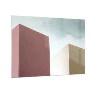 Obraz na skle - Geometrické budovy v pastelových barvách - 70x50cm - Geometrie slunečného léta - Moderní nástěnná dekorace do obývacího pokoje a ložnice ARTTOR