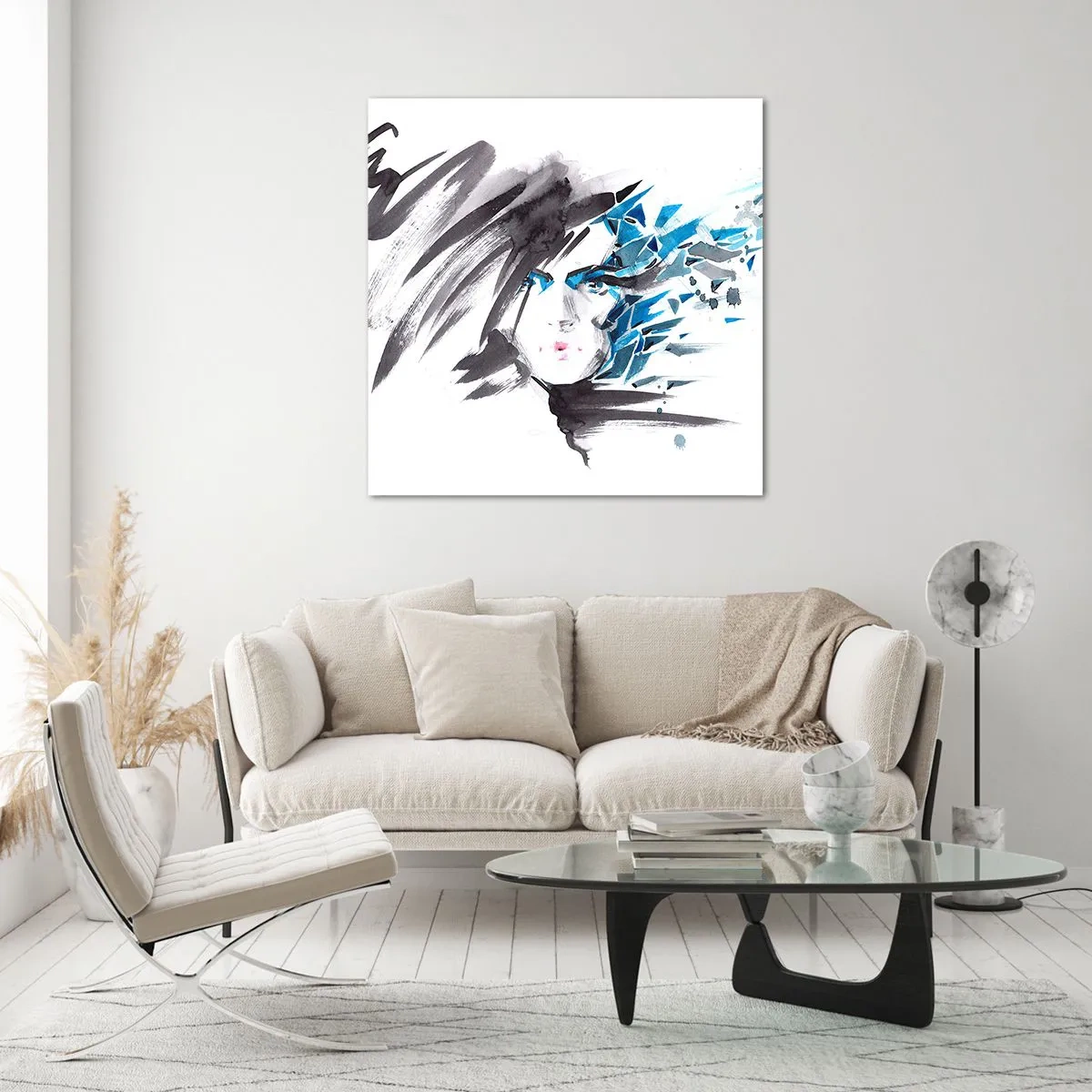 Obraz na skle - Smyslný portrét v šedé a modré - 40x40 cm