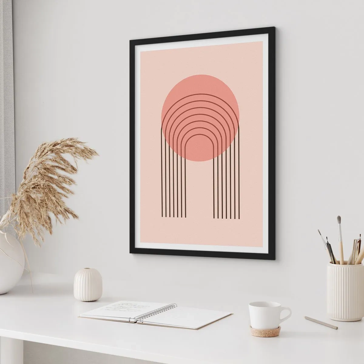 Plakát v černém rámu - Minimalistická abstrakce s oblouky v odstínech růžové a béžové. - 50x70cm - Neodolatelná přitažlivost - Moderní nástěnná dekorace do obývacího pokoje a ložnice ARTTOR