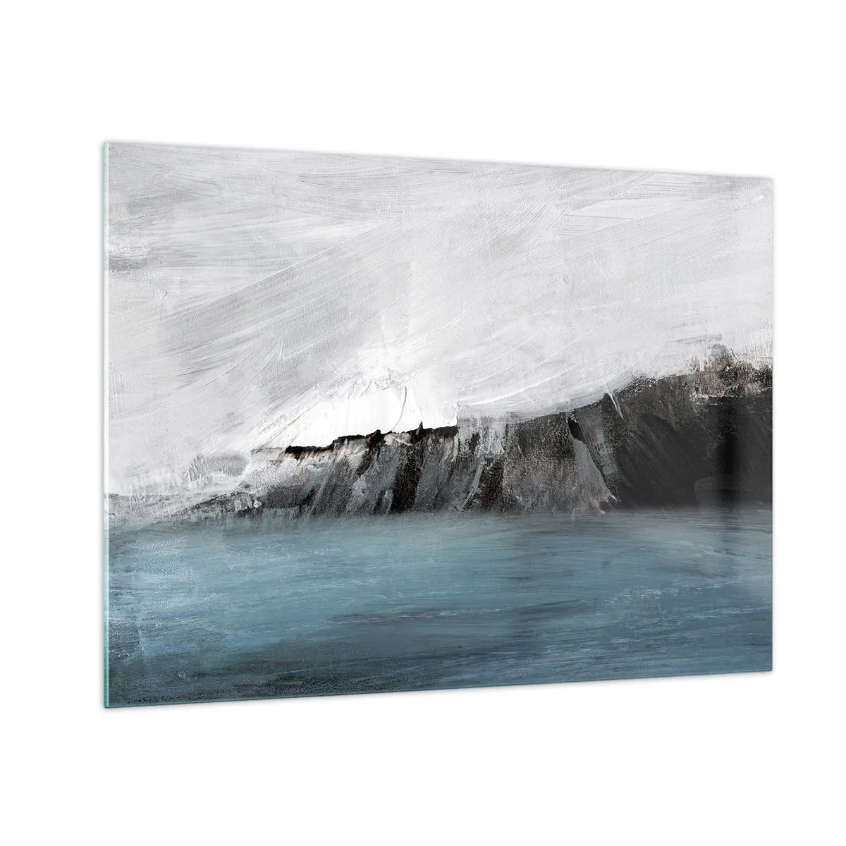 Obraz na skle - Abstraktní kompozice v odstínech modré, bílé a černé - 70x50cm - Voda – země: střet živlů - Moderní nástěnná dekorace do obývacího pokoje a ložnice ARTTOR