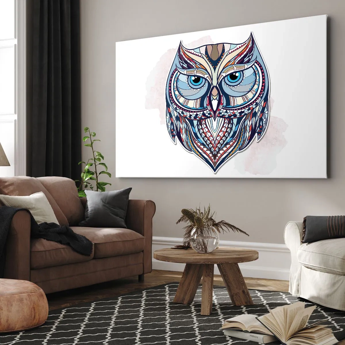 Obraz na plátně - Geometrická sova v odstínech modré a béžové - 70x50cm - Umělecká ozdobná sova - Moderní nástěnná dekorace do obývacího pokoje a ložnice ARTTOR