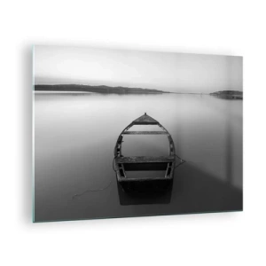 Obraz na skle - Stará loď na klidné hladině vody v černé a bílé - 70x50cm - Stesk a melancholie - Moderní nástěnná dekorace do obývacího pokoje a ložnice ARTTOR