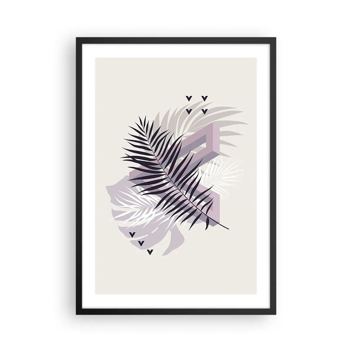 Plakát v černém rámu - Abstraktní kompozice s listy a geometrickými tvary - 50x70cm - Stín stínu - Moderní nástěnná dekorace do obývacího pokoje a ložnice ARTTOR