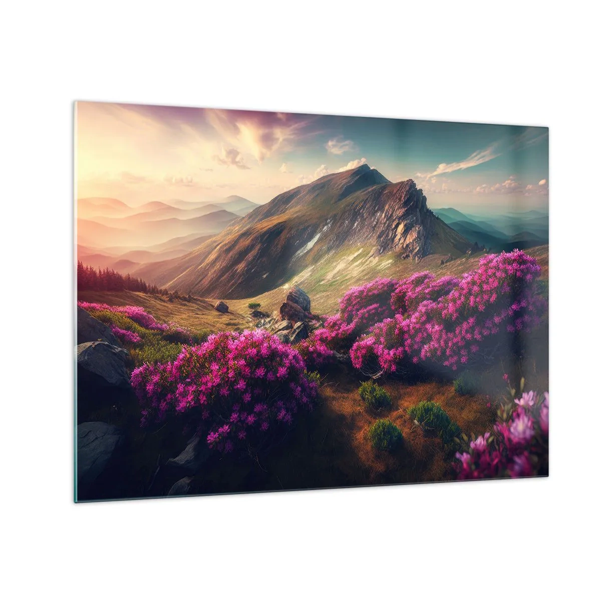 Obraz na skle - Letní horská krajina s kvetoucím růžovým vřesem - 70x50cm - Léto na horách - Moderní nástěnná dekorace do obývacího pokoje a ložnice ARTTOR