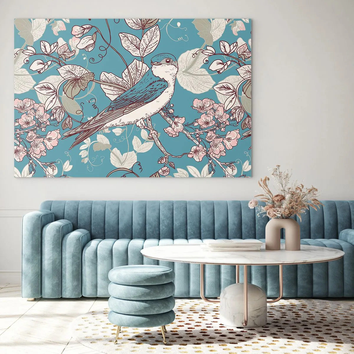Obraz na skle - Pták na větvi mezi květinami na tyrkysovém pozadí - 70x50cm - Na bílém stromě ptáci a stříbrné listí - Moderní nástěnná dekorace do obývacího pokoje a ložnice ARTTOR
