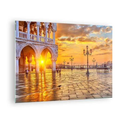 Obraz na skle - Východ slunce nad arkádami a náměstím - 70x50cm - Kde jsou všichni? - Moderní nástěnná dekorace do obývacího pokoje a ložnice ARTTOR