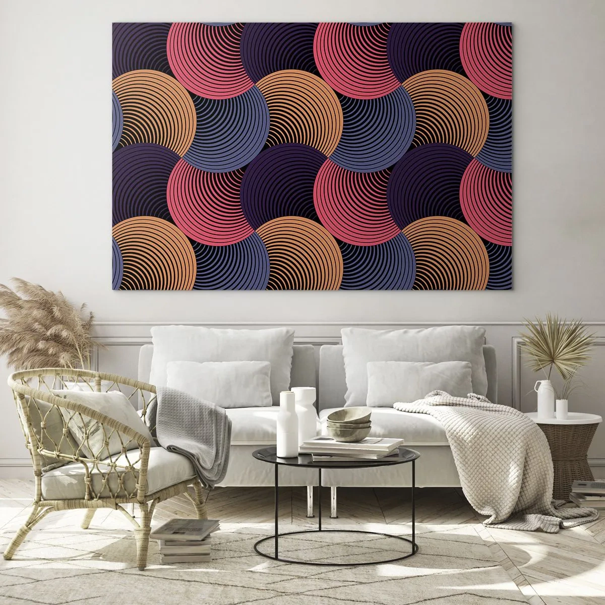 Obraz na skle - Barevné soustředné kruhy tvořící geometrický vzor - 70x50cm - V kruhovém rytmu - Moderní nástěnná dekorace do obývacího pokoje a ložnice ARTTOR
