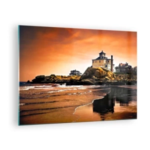 Obraz na skle - Dům na útesu s výhledem na moře při západu slunce - 70x50cm - Elegance západního pobřeží - Moderní nástěnná dekorace do obývacího pokoje a ložnice ARTTOR