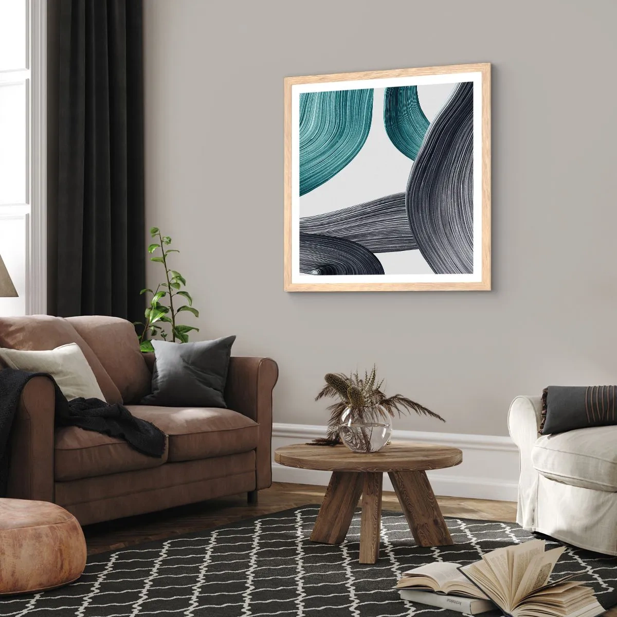 Plakát v rámu světlý dub - Smaragdové a černé vlny - 60x60 cm