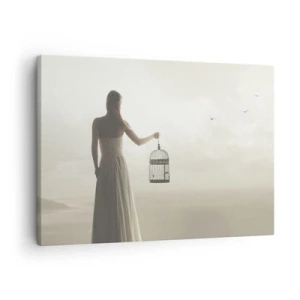 Obraz na plátně - Žena s klecí proti klidné obloze - 70x50cm - Buď svobodná - Moderní nástěnná dekorace do obývacího pokoje a ložnice ARTTOR