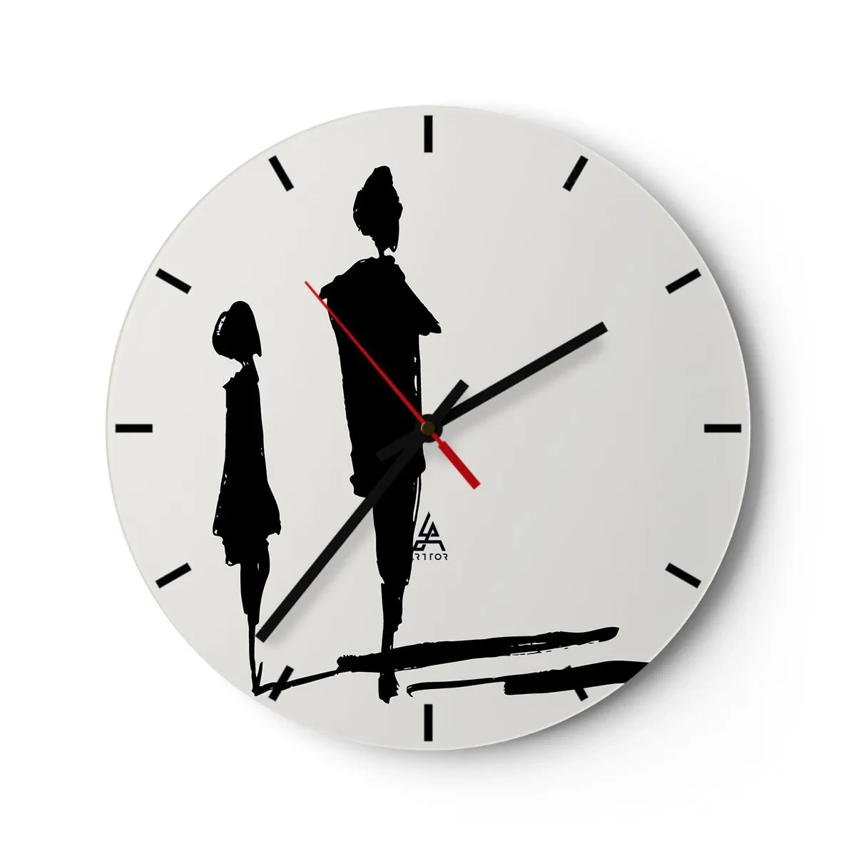 Nástěnné hodiny - Černé siluety dvou postav na bílém pozadí v povrchním stylu. - 30x30cm - Určitě spolu? - Moderní nástěnná dekorace do obývacího pokoje, kuchyně a ložnice ARTTOR