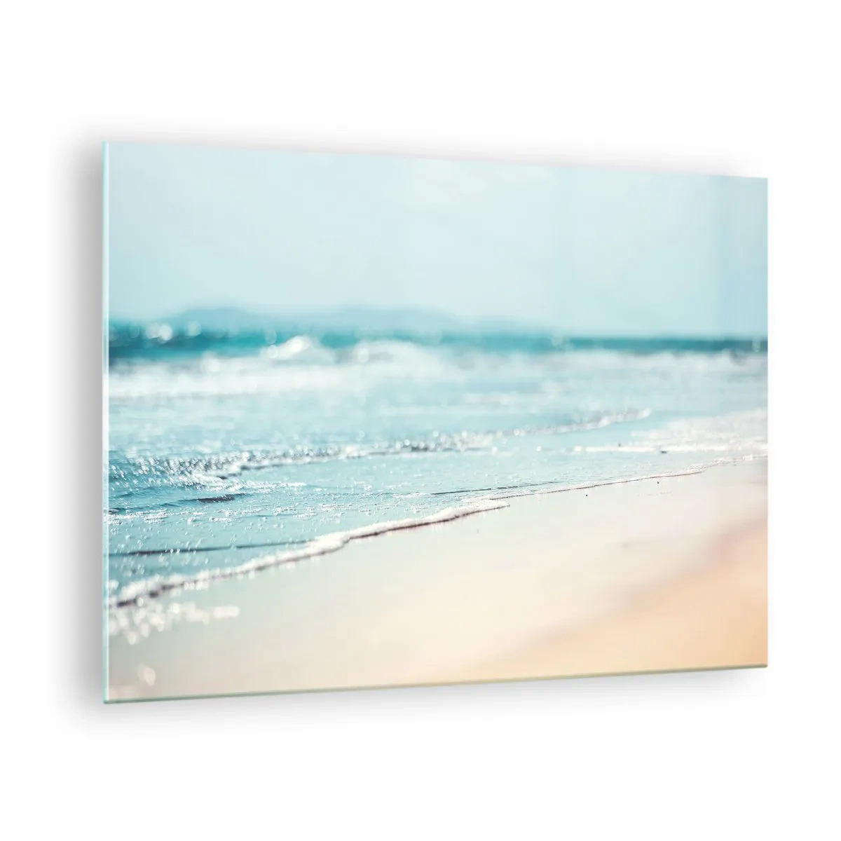 Obraz na skle - Jemné oceánské vlny omývají písečnou pláž - 70x50cm - Teplo a hluk - Moderní nástěnná dekorace do obývacího pokoje a ložnice ARTTOR