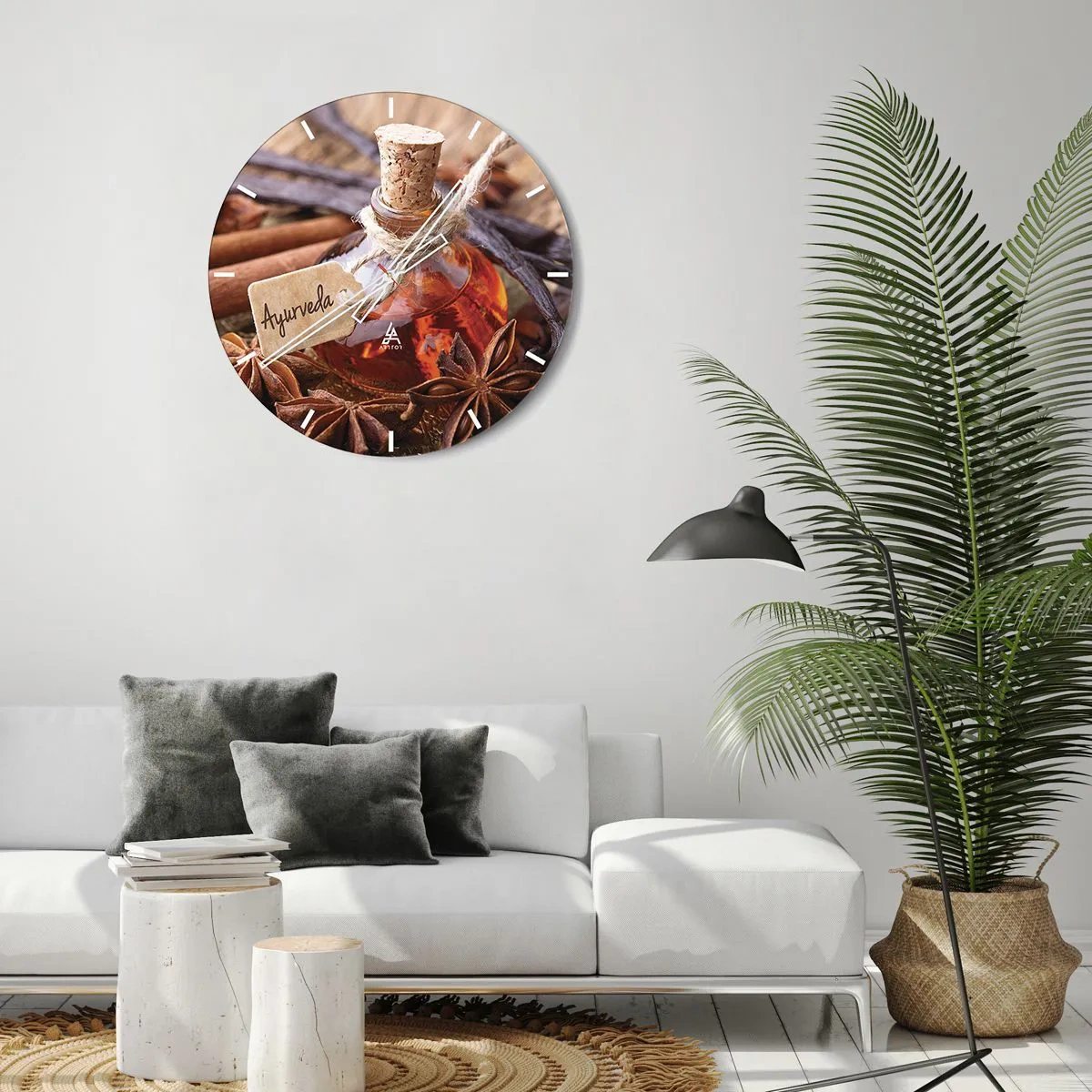 Nástěnné hodiny - Láhev s kořením obklopená anýzem a vanilkou - 30x30cm - K jednotě těla a ducha - Moderní nástěnná dekorace do obývacího pokoje, kuchyně a ložnice ARTTOR