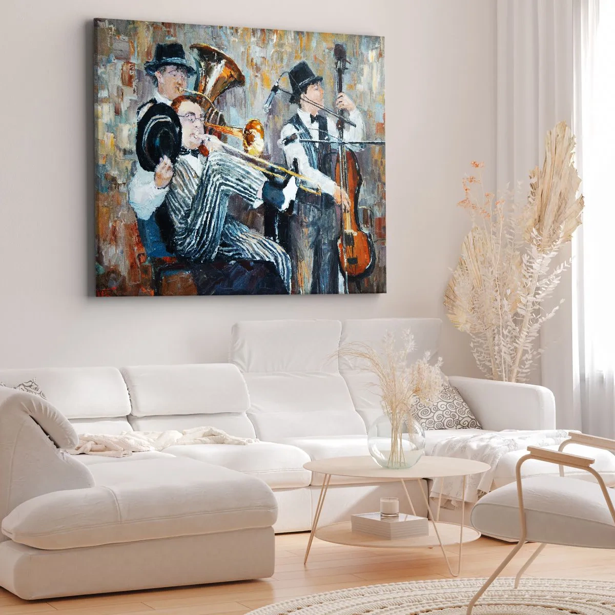 Obraz na plátně - Jazzoví hudebníci v malířském stylu během koncertu - 70x50cm - Celý tento jazz - Moderní nástěnná dekorace do obývacího pokoje a ložnice ARTTOR