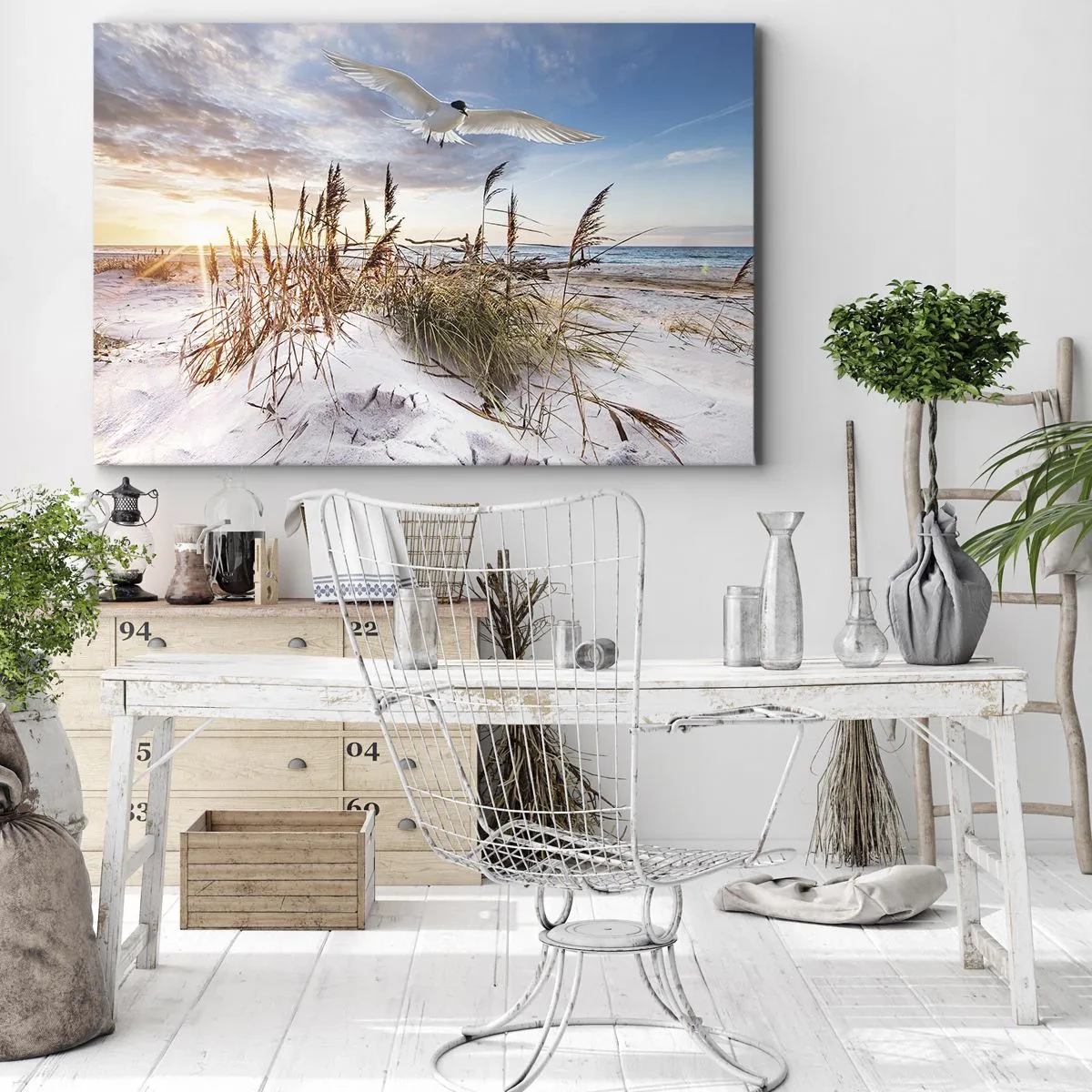Obraz na plátně - Pláž s racky létajícími při západu slunce - 70x50cm - Vítr od moře - Moderní nástěnná dekorace do obývacího pokoje a ložnice ARTTOR