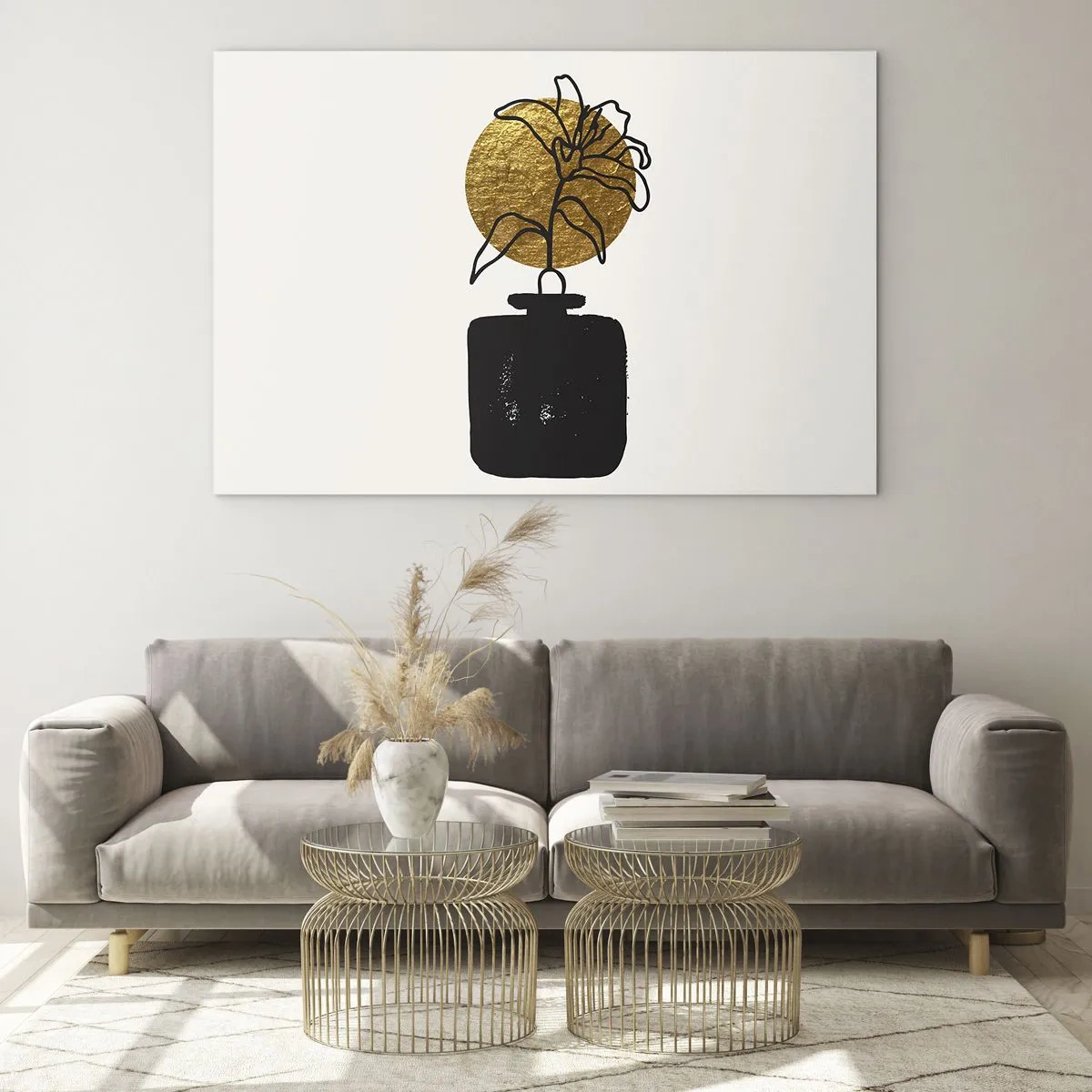 Obraz na skle - Minimalistická grafika s květinou ve zlatém kruhu a černou vázou - 70x50cm - Krása, která má cenu zlata - Moderní nástěnná dekorace do obývacího pokoje a ložnice ARTTOR