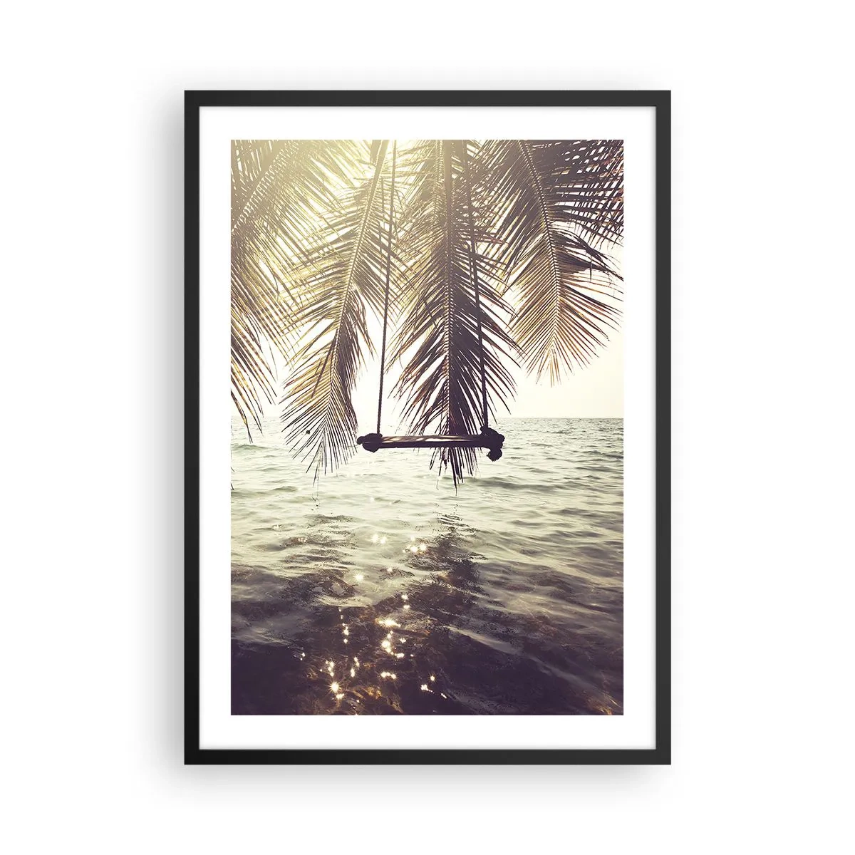 Plakát v černém rámu - Houpačka pod palmami u klidného moře - 50x70cm - Houpat se libovolně v oblacích - Moderní nástěnná dekorace do obývacího pokoje a ložnice ARTTOR