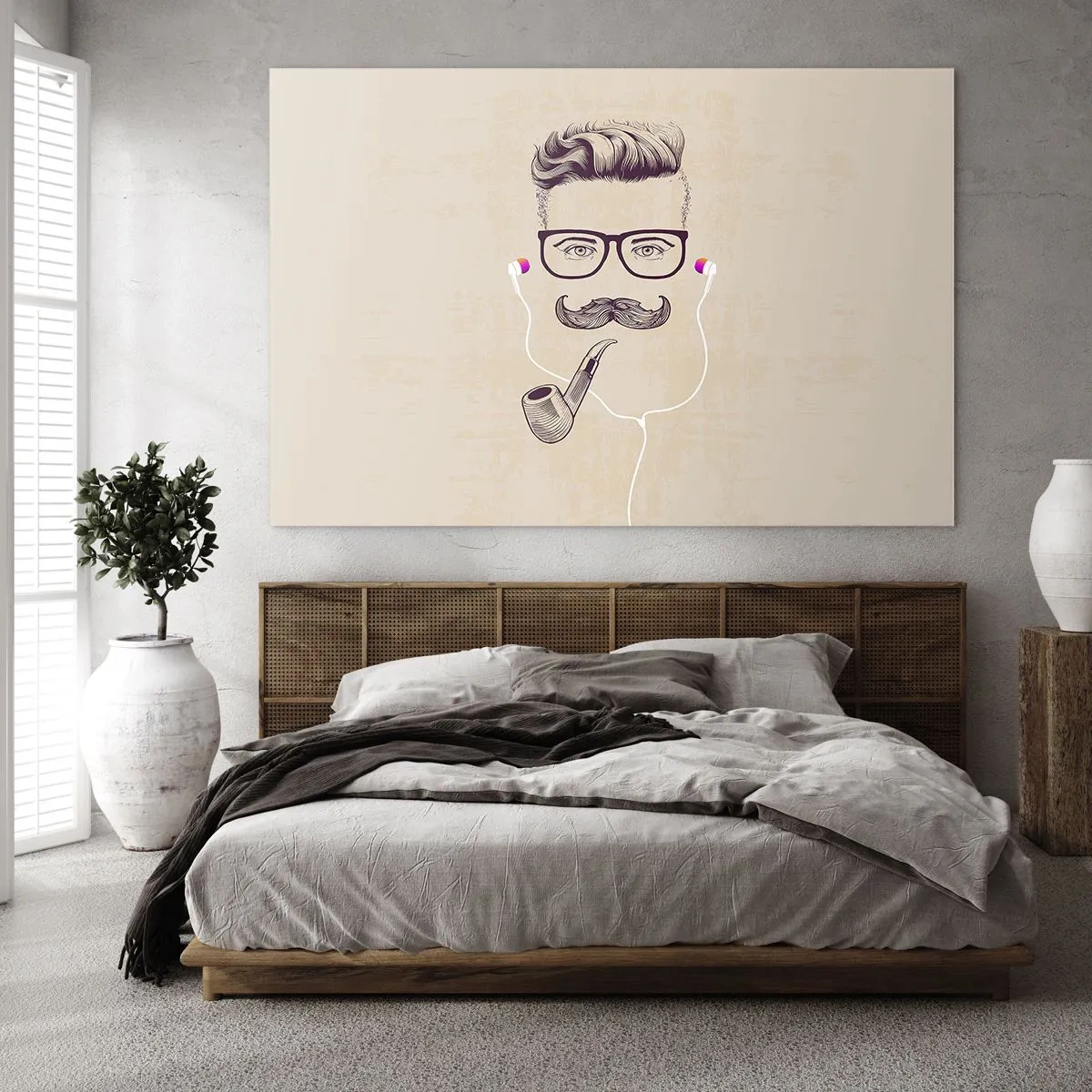 Obraz na skle - Kresba stylizovaného muže s brýlemi, knírem a dýmkou. - 70x50cm - Skutečný muž? - Moderní nástěnná dekorace do obývacího pokoje a ložnice ARTTOR