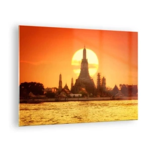 Obraz na skle - Chrám při západu slunce nad řekou - 70x50cm - Ke slunci, vždy ke slunci - Moderní nástěnná dekorace do obývacího pokoje a ložnice ARTTOR