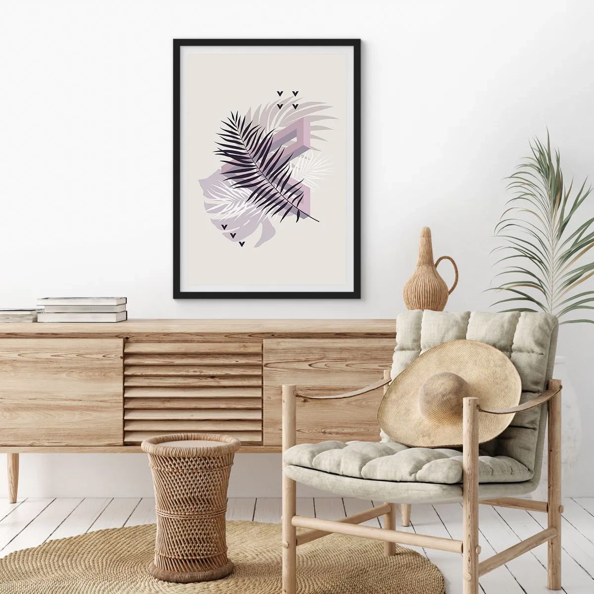 Plakát v černém rámu - Abstraktní kompozice s listy a geometrickými tvary - 50x70cm - Stín stínu - Moderní nástěnná dekorace do obývacího pokoje a ložnice ARTTOR
