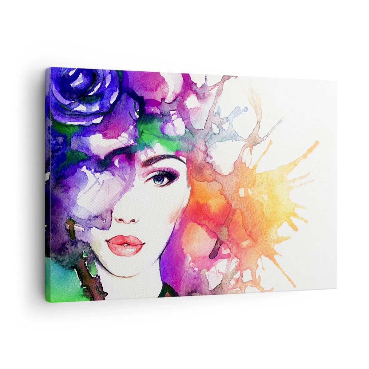 Obraz na plátně - Portrét ženy v akvarelových barvách s abstraktními skvrnami - 70x50cm - S hlavou v oblacích - Moderní nástěnná dekorace do obývacího pokoje a ložnice ARTTOR