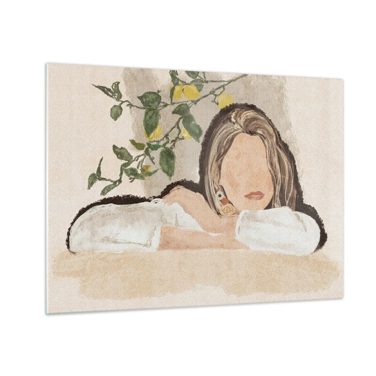 Obraz na skle - Žena opřená o stůl mezi větvemi citroníku, její tvář byla bezvýrazná. - 70x50cm - Krasavice z jihu - Moderní nástěnná dekorace do obývacího pokoje a ložnice ARTTOR