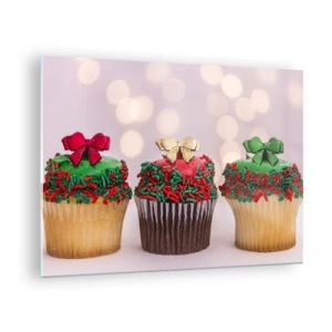 Obraz na skle - Vánoční cupcakes s mašlí - 70x50cm - Sladkostí až po vrch - Moderní nástěnná dekorace do obývacího pokoje a ložnice ARTTOR